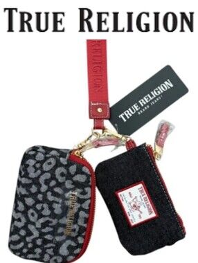 True Religion Denim Leopord Print & Patch Coin Pouch Keychain Set